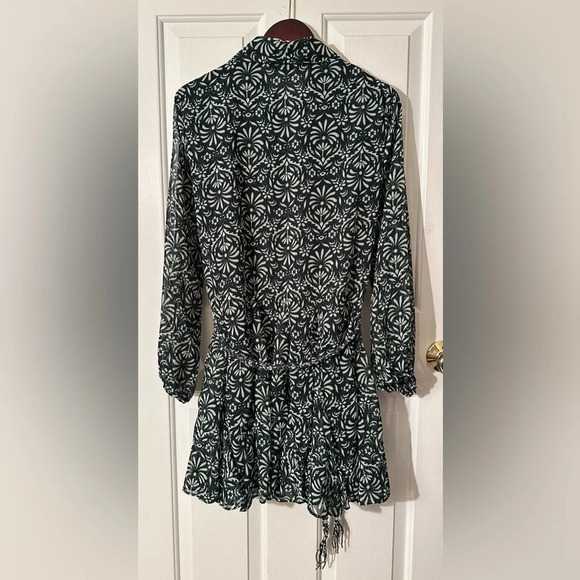 NWT Zara Green Printed Button Down Dress Braided Self Belt Elastic Sleeves LARGE - Picture 6 of 15